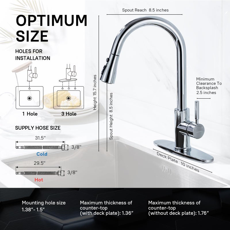 WEWE Sink Faucet, Pull Down Kitchen Faucet with Sprayer Low Lead Commercial Modern Stainless Steel rv Farmhouse Kitchen Faucet Single Handle 1 or 3 Hole Kitchen Sink Faucet, Polished Chrome - Image 2